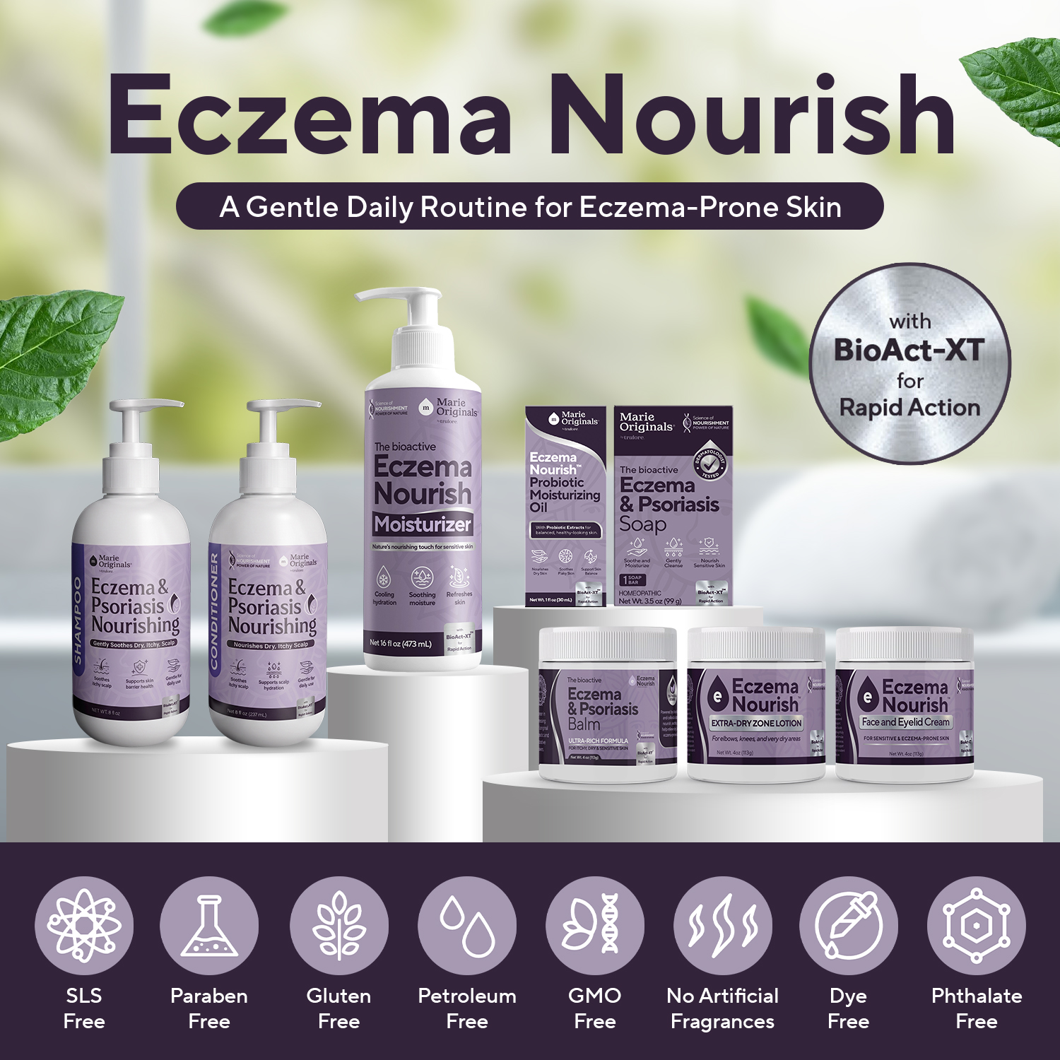An arrangement of Eczema Nourish skincare products, including lotions, creams, shampoo, and soap.