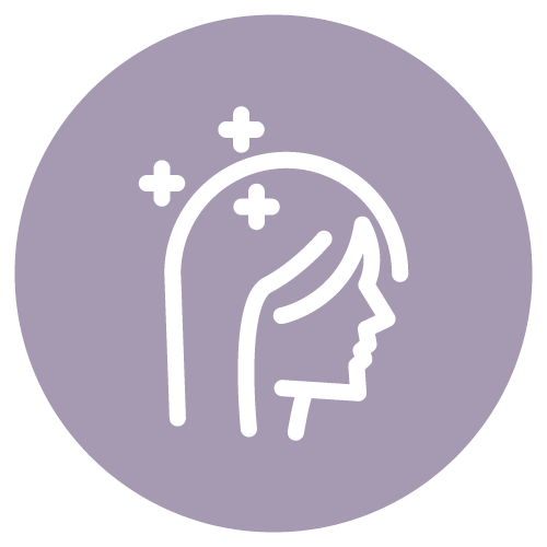 An icon of a person's head in profile with sparkles above it, inside a purple circle.