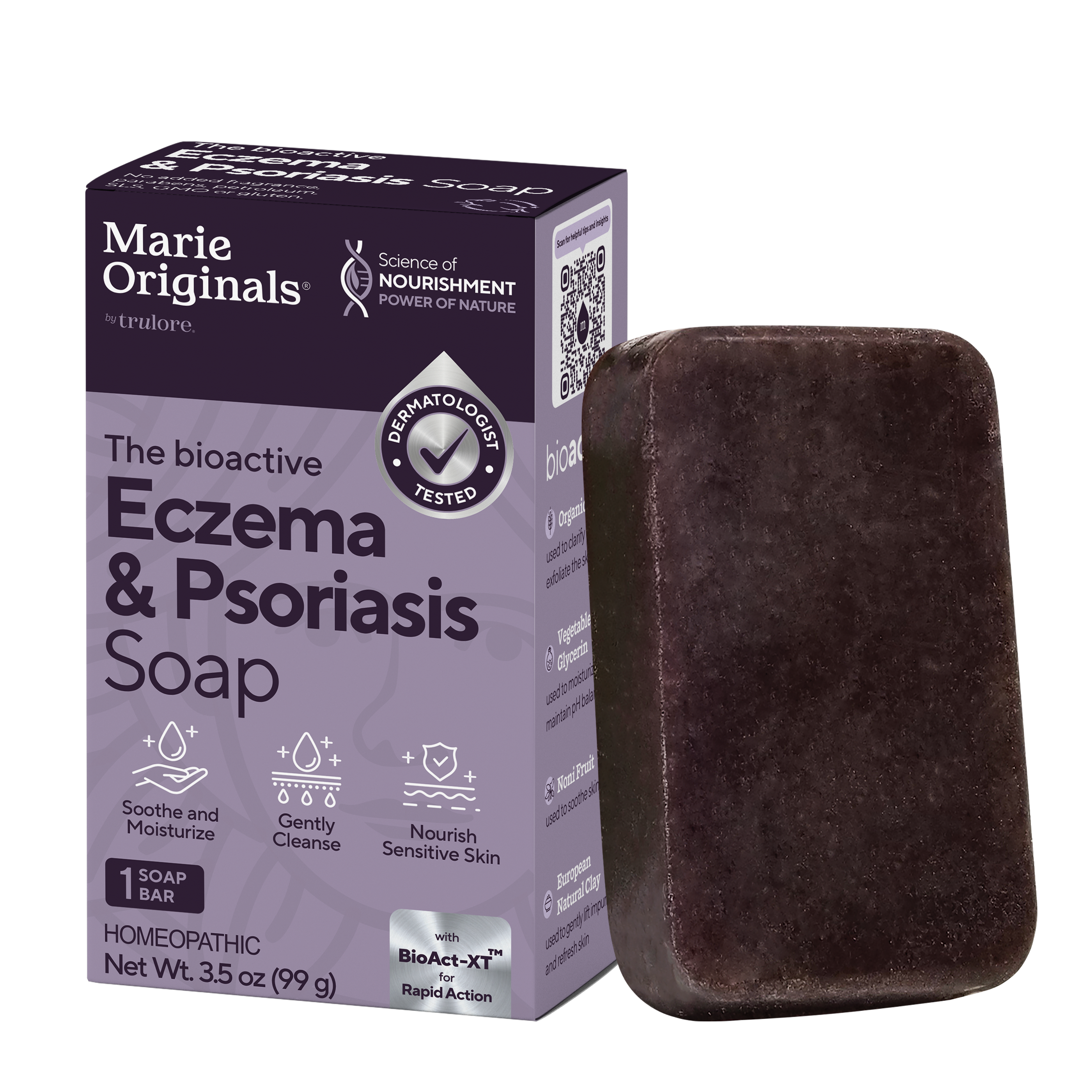 A box of Marie Originals Eczema & Psoriasis Soap next to the dark, rectangular bar of soap.