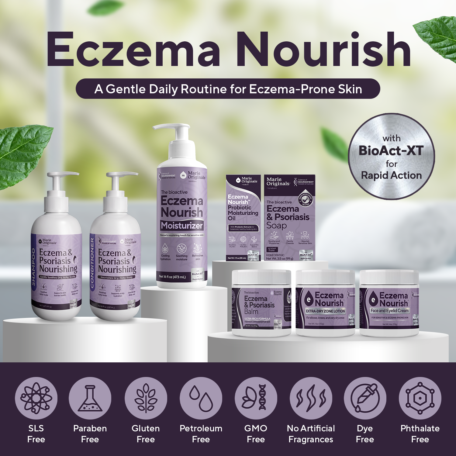 An array of Eczema Nourish skincare products by Marie Originals, displayed with green leaves in the background.