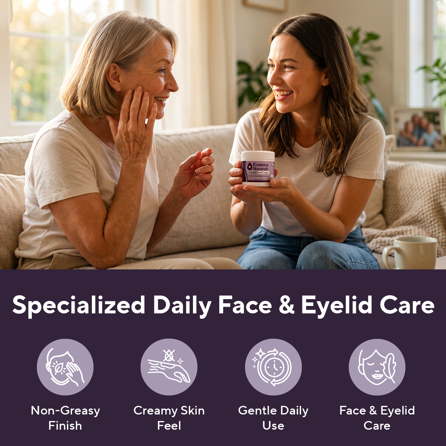 A younger woman smiles and shows a jar of Eczema Nourish cream to an older woman on a couch.