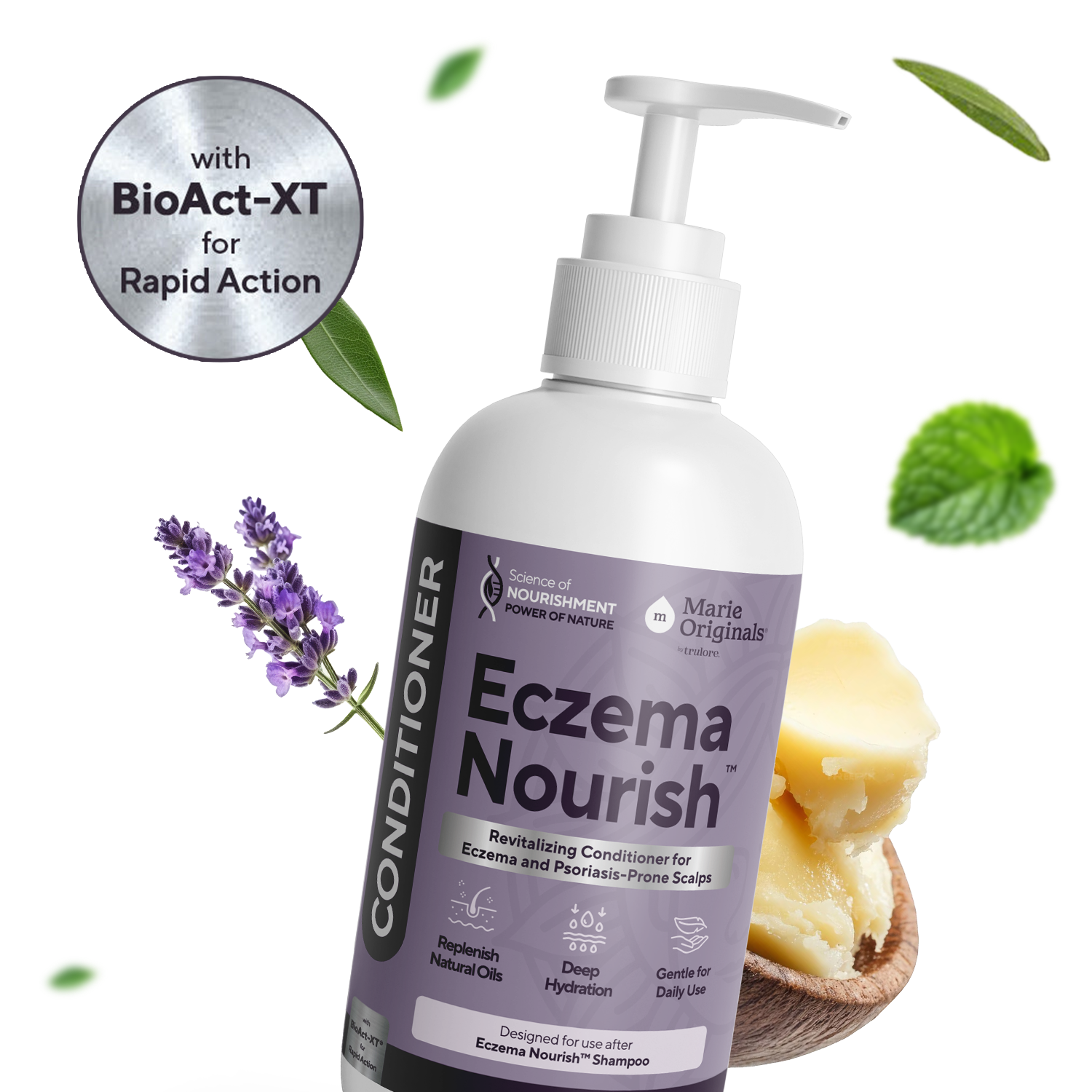 A bottle of Marie Originals Eczema Nourish Conditioner, surrounded by lavender, mint, and shea butter.