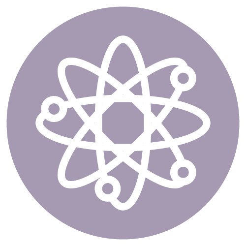 A white line-art icon of a stylized atom on a circular, light purple background.