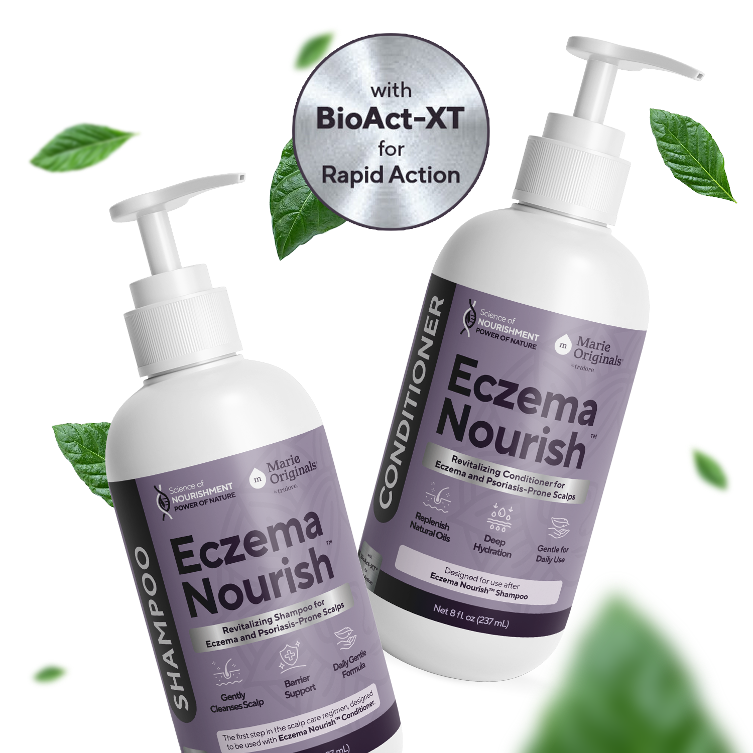 Marie Originals Eczema & Psoriasis Nourishing shampoo and conditioner bottles with green leaves floating in the background.