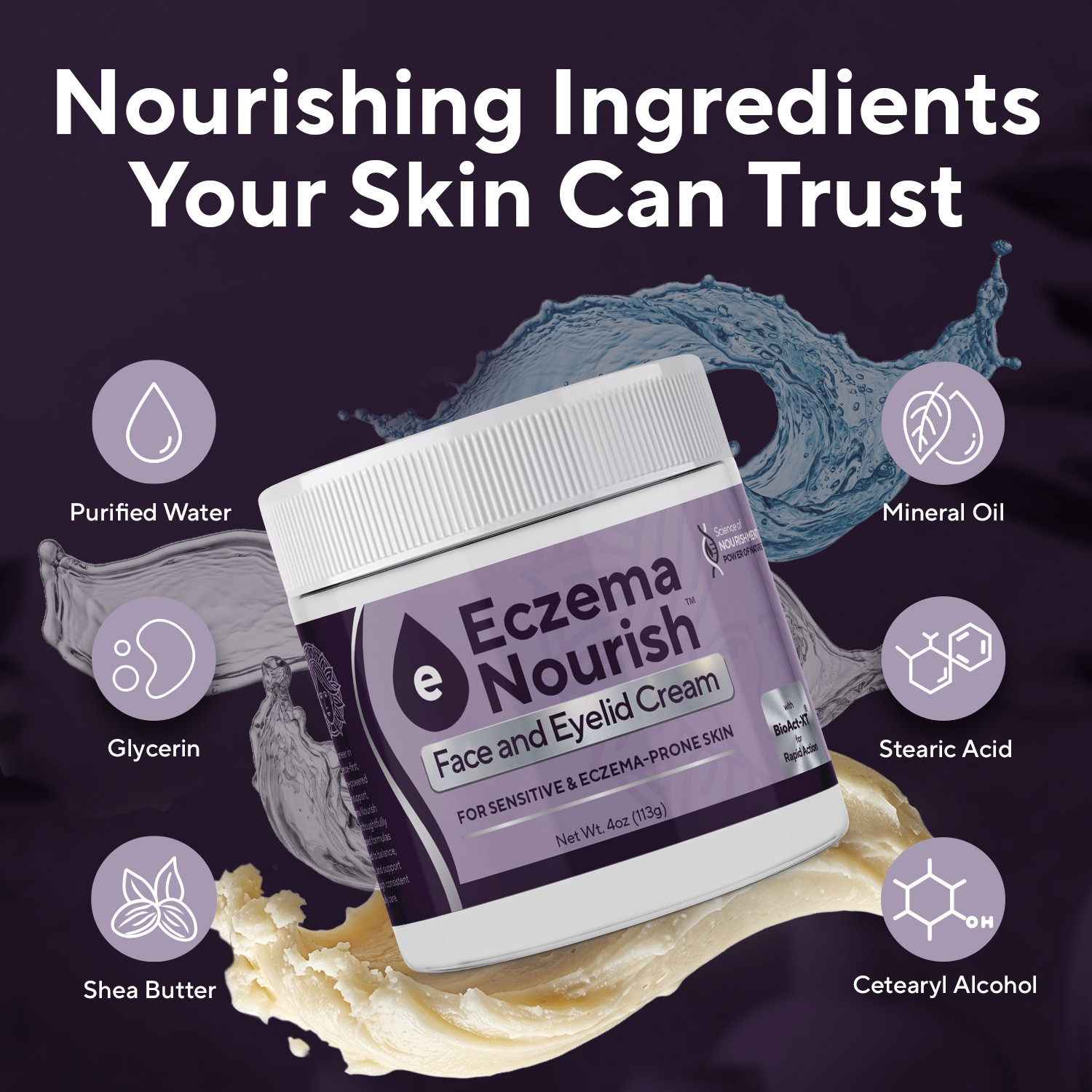 A jar of Eczema Nourish cream surrounded by graphics showing its key ingredients like water and shea butter.