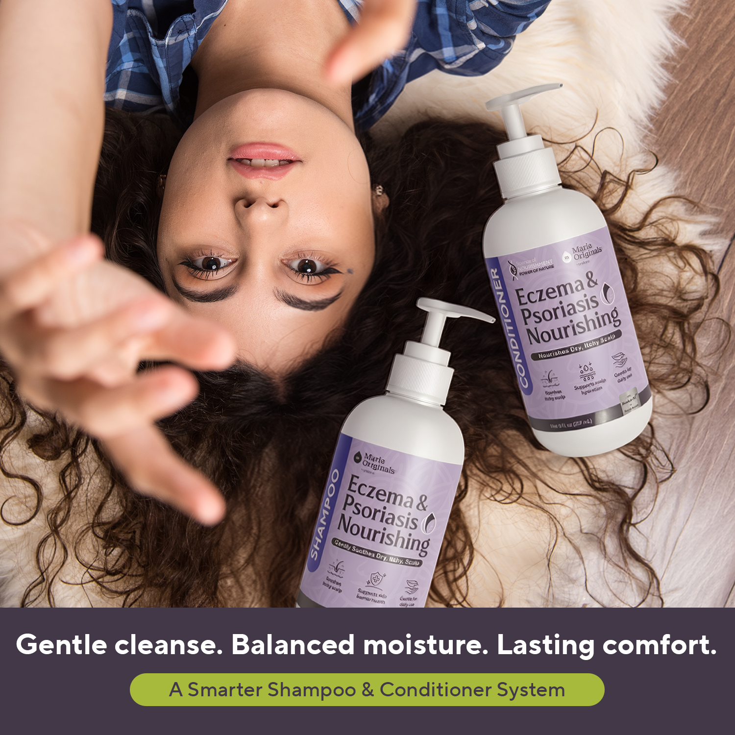 A woman lies down on a rug, looking up, next to bottles of Eczema & Psoriasis shampoo and conditioner.