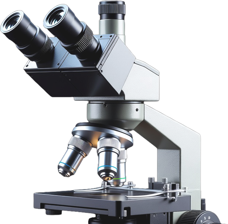 A close-up of a modern, binocular laboratory microscope against a white background.