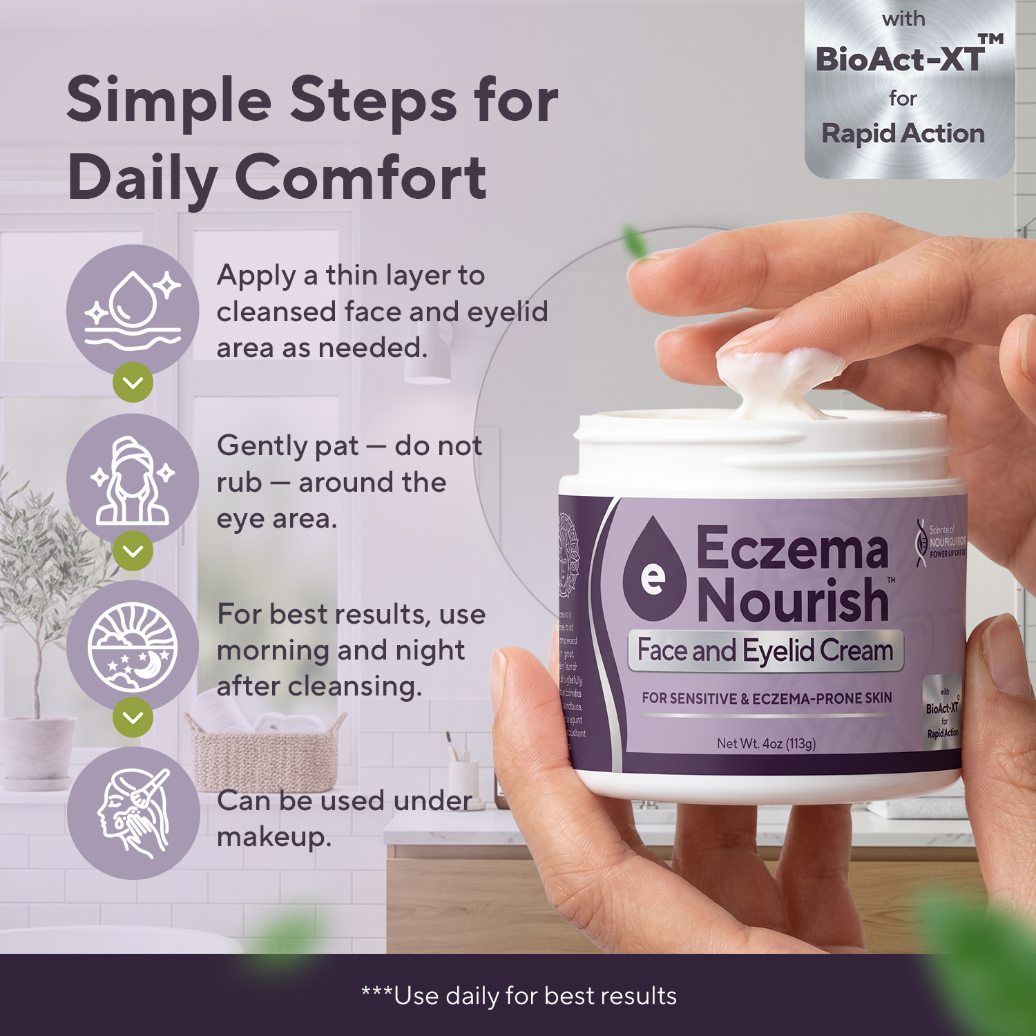 A hand scoops Eczema Nourish Face and Eyelid Cream from a jar, next to application instructions.