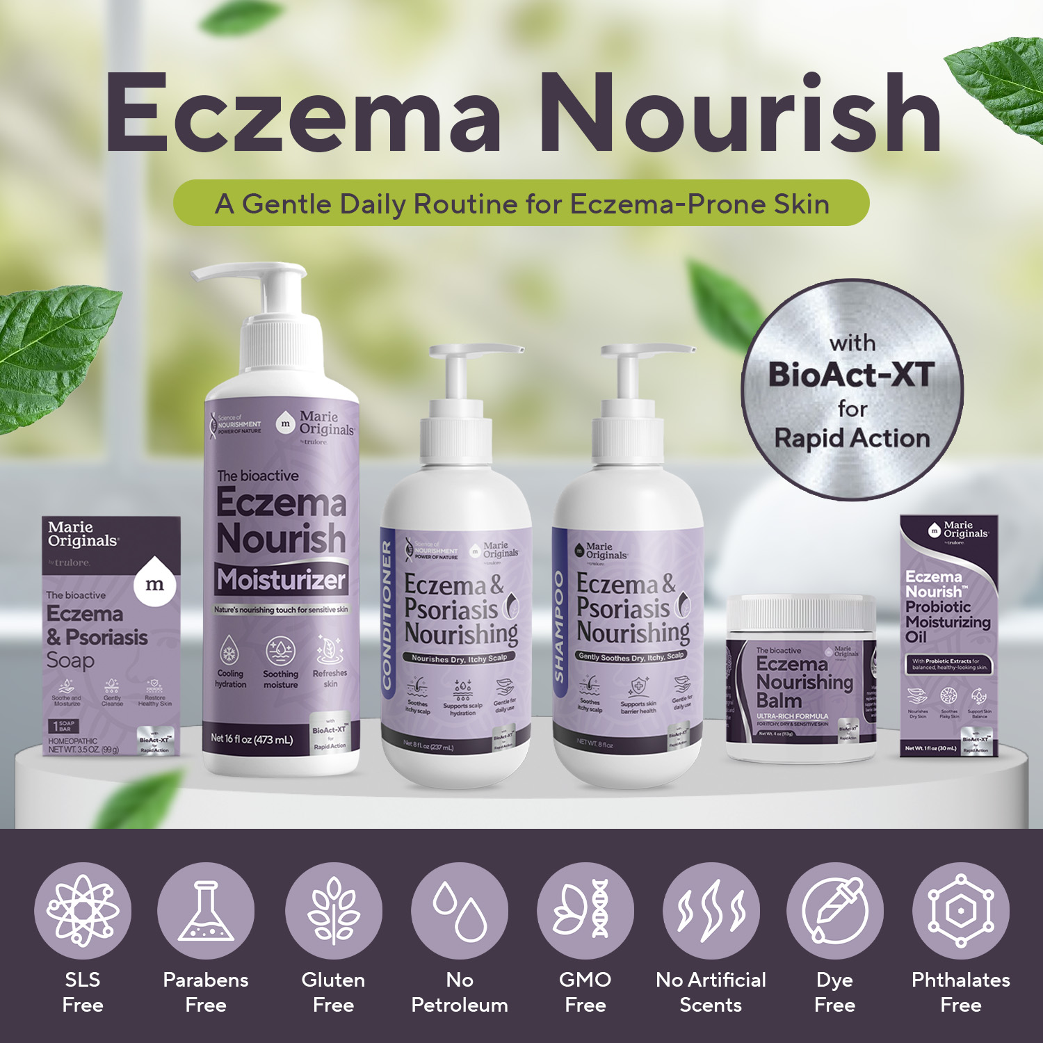 A collection of Marie Originals Eczema Nourish skincare products, including soap, moisturizer, shampoo, conditioner, balm, and oil.