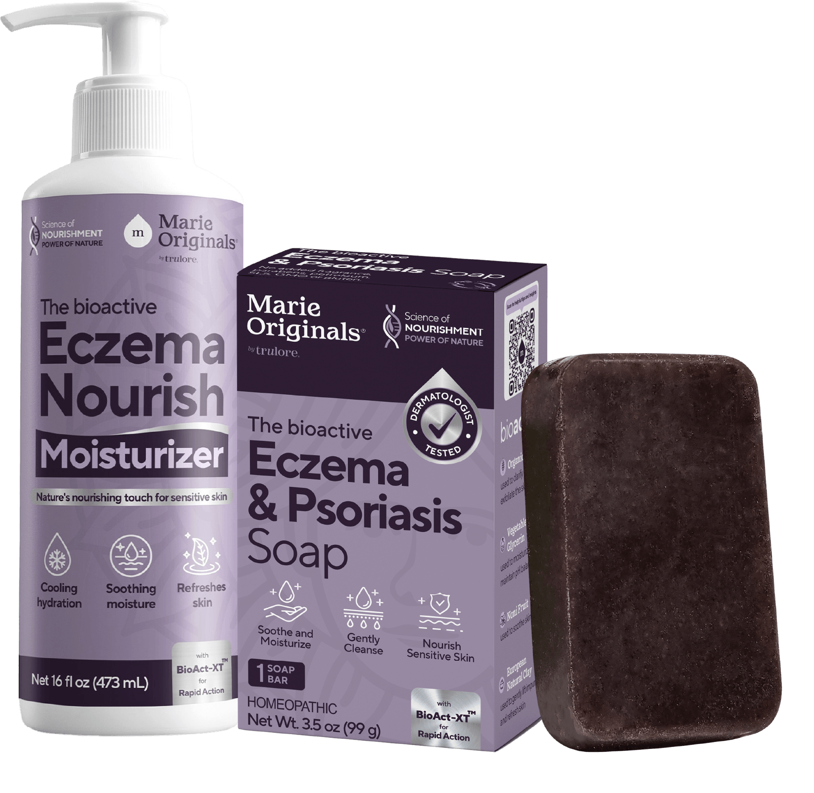 A bottle of Marie Originals moisturizer next to a bar of soap and its purple and white packaging.