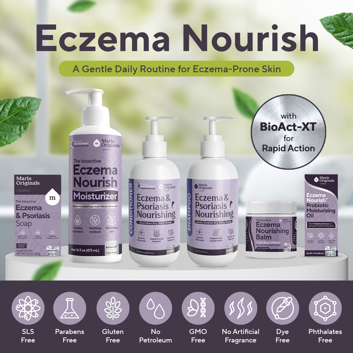 The full line of Marie Originals' Eczema Nourish products, including moisturizer, shampoo, soap, balm, and oil.