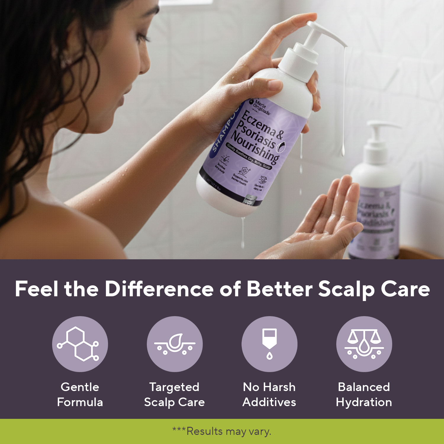 A woman dispenses Eczema & Psoriasis Nourishing shampoo into her hand, with icons highlighting its benefits below.
