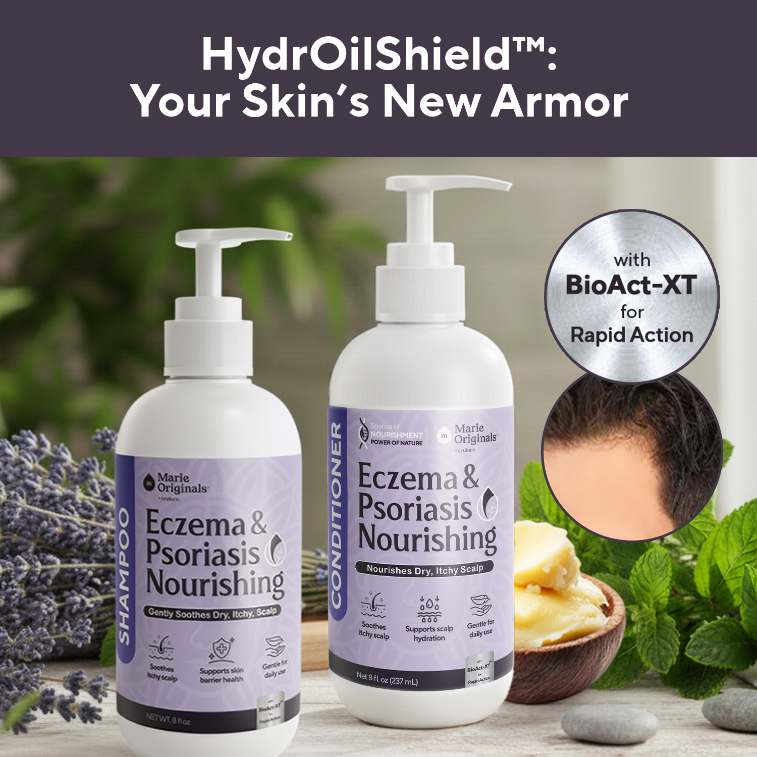 Marie Originals Eczema & Psoriasis shampoo and conditioner bottles displayed with lavender, mint, and shea butter.