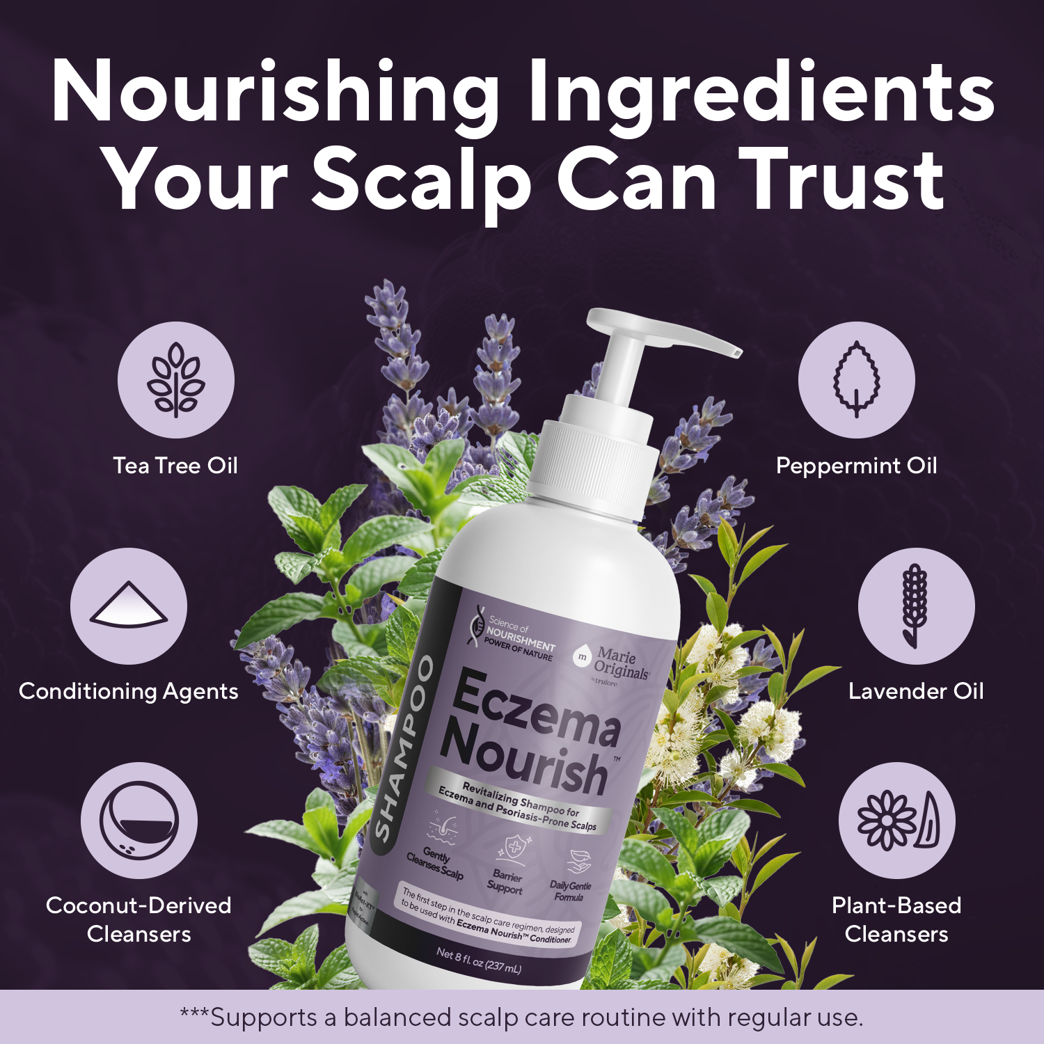 A bottle of Eczema Nourish shampoo is surrounded by its natural ingredients, like lavender and peppermint.