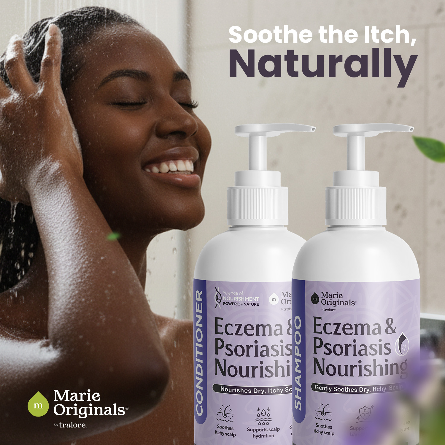 A woman smiles while washing her hair next to bottles of Marie Originals shampoo and conditioner.