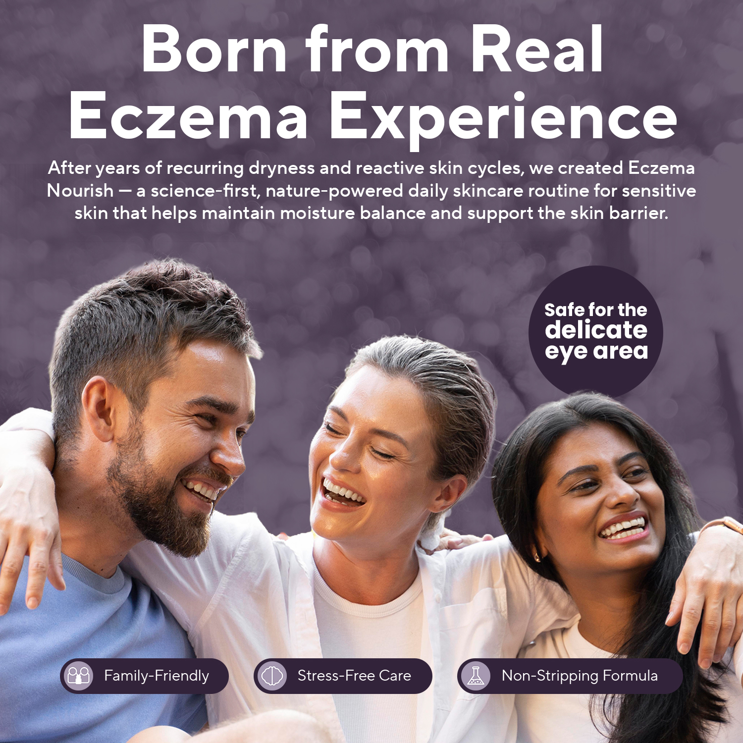 An advertisement showing three diverse people smiling together with text about a skincare product for eczema.