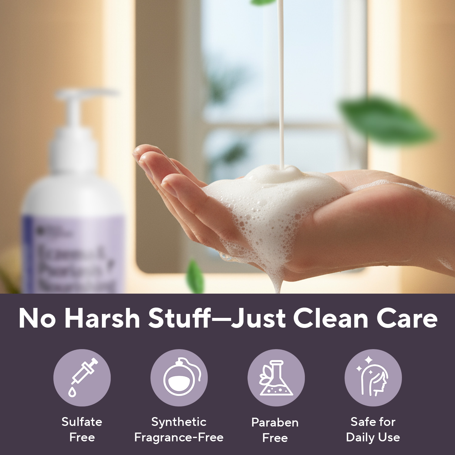 Foaming cleanser pours into a hand, with text below highlighting features like being sulfate and paraben-free.