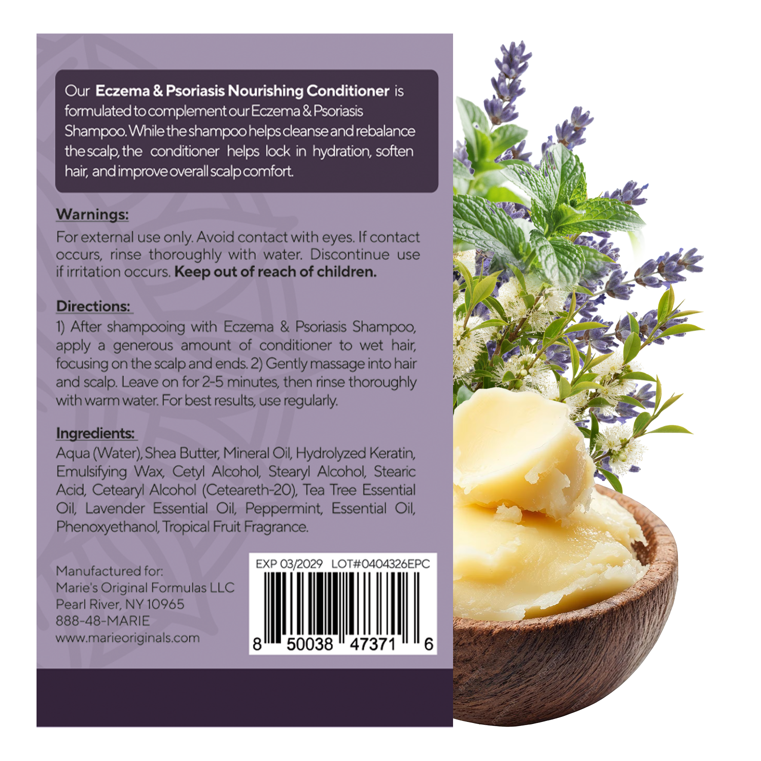 The back label of a conditioner bottle next to a wooden bowl of ingredients and fresh botanicals.
