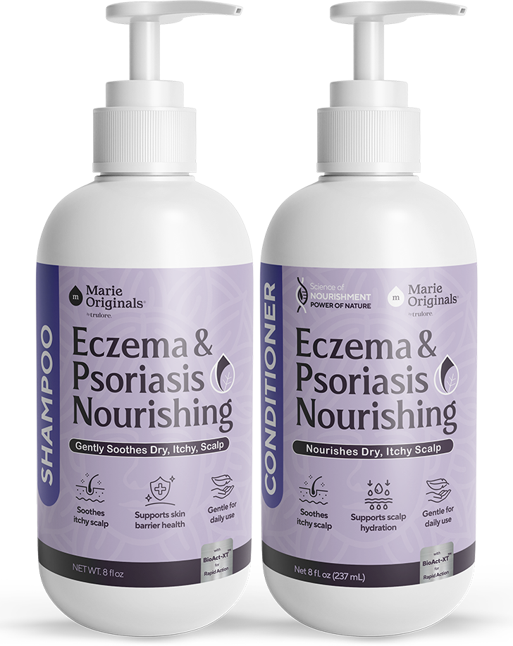 Two pump bottles of Marie Originals Eczema & Psoriasis Nourishing Shampoo and Conditioner on a white background.