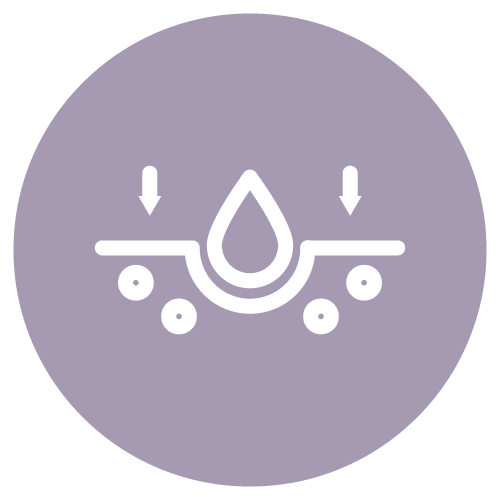 A purple circular icon with a white graphic of a droplet being absorbed into a surface.