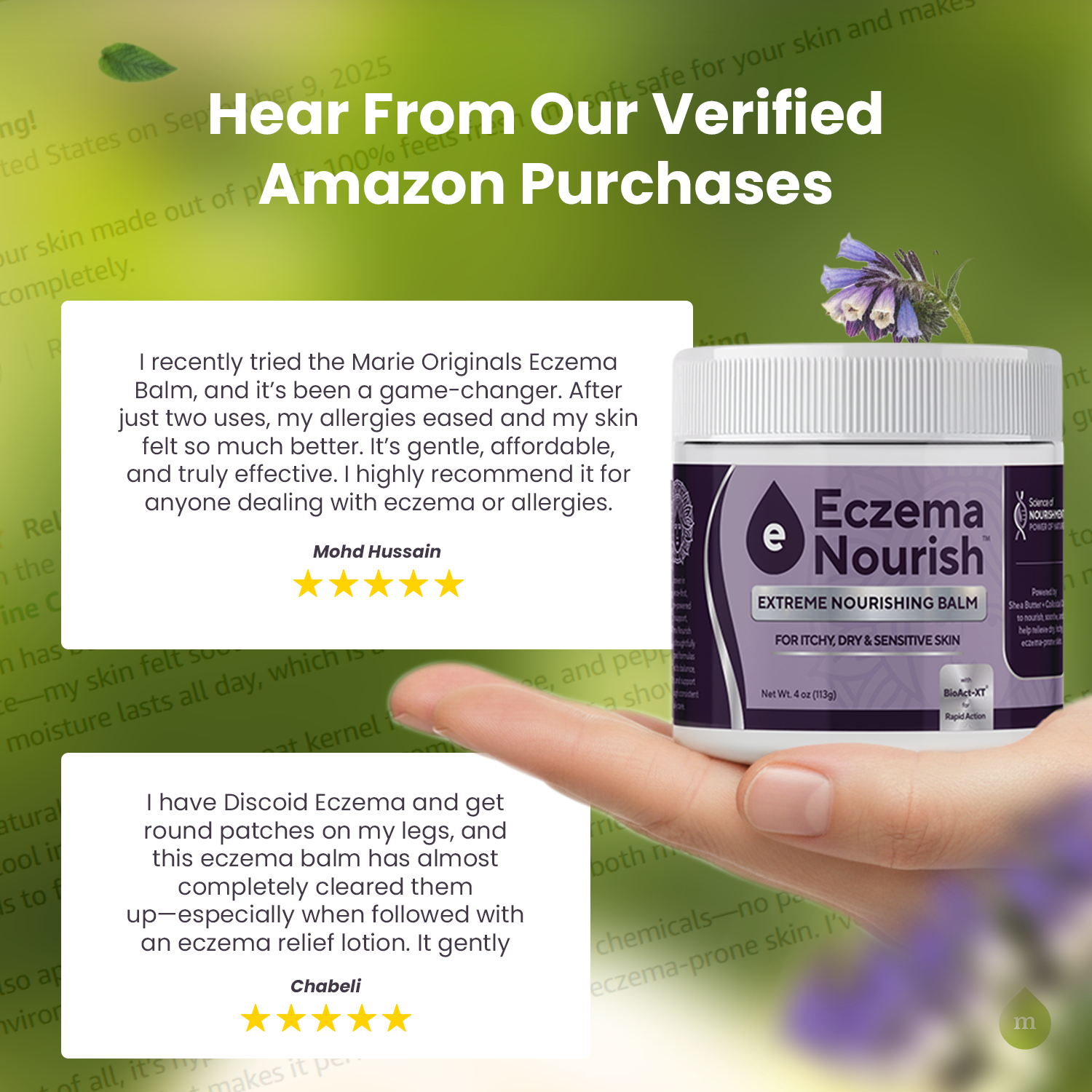 A hand holds a jar of Eczema Nourish balm with customer testimonials in the background.