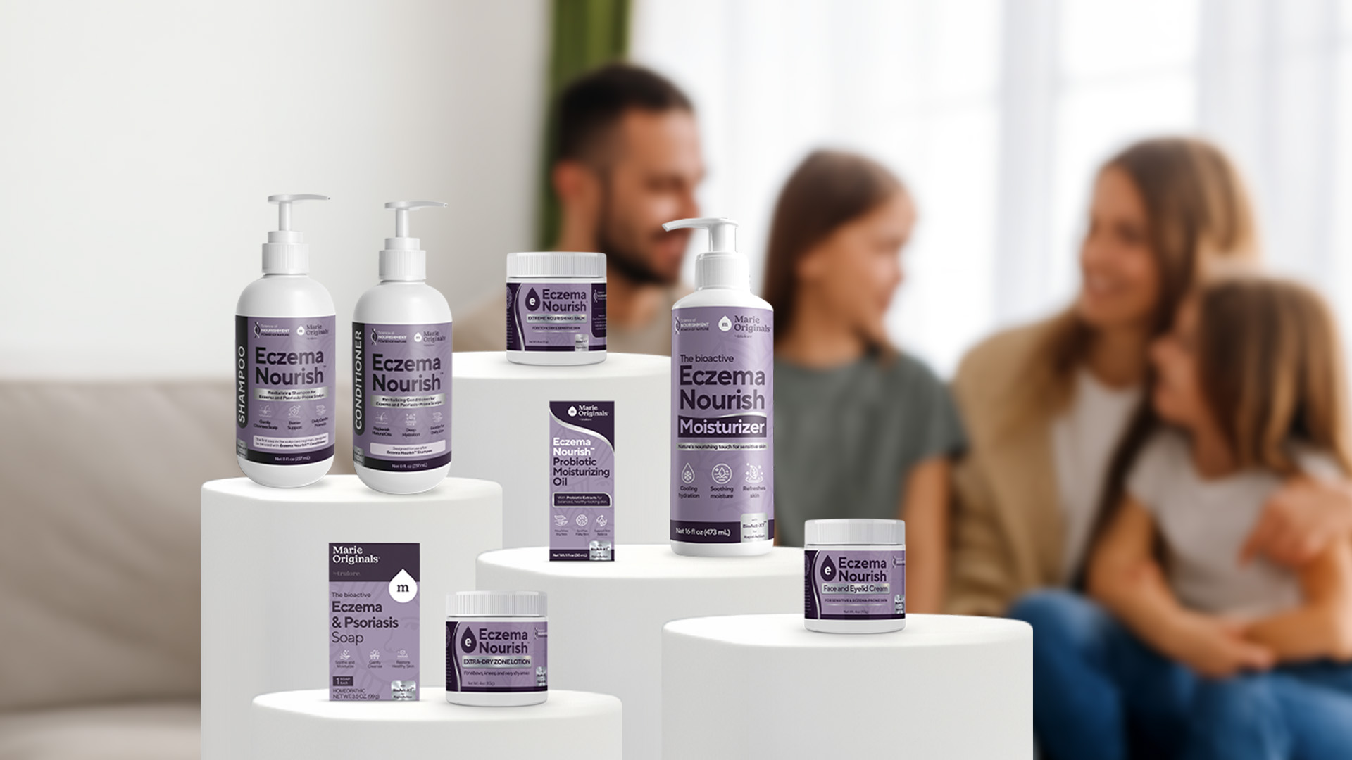 A collection of Eczema Nourish skincare products displayed with a blurred family in the background.
