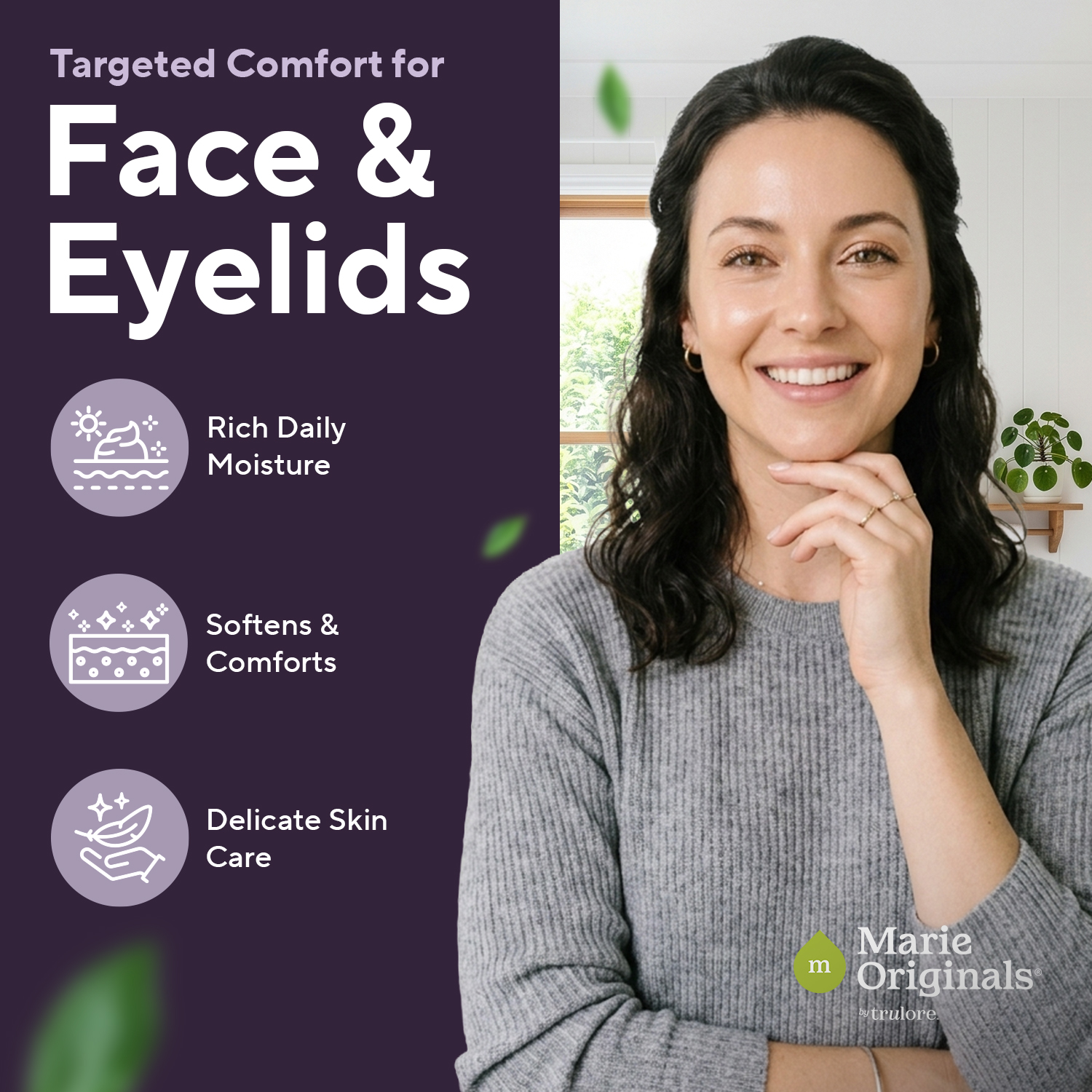 A smiling woman next to a graphic advertising skincare for the face and eyelids with benefit icons.