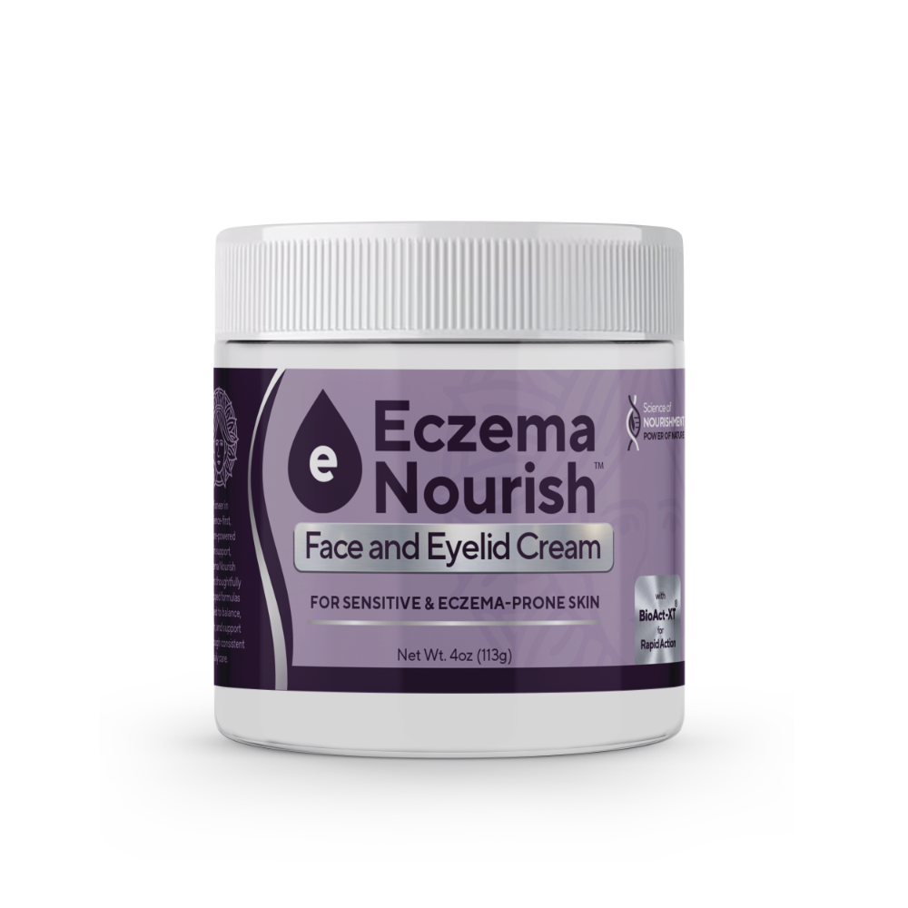 A hand holding a jar of Eczema Nourish Extra-Dry Zone Lotion with green leaves in the background.