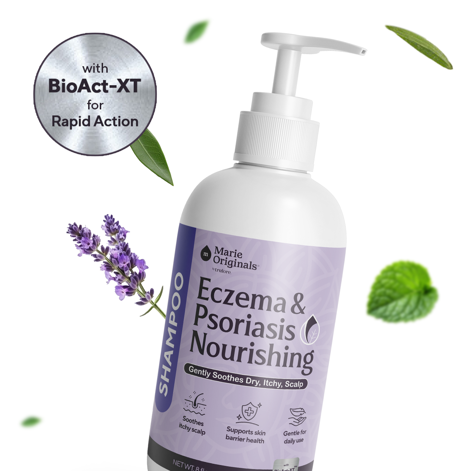 A bottle of Marie Originals Eczema & Psoriasis Nourishing Shampoo with lavender and mint leaves.
