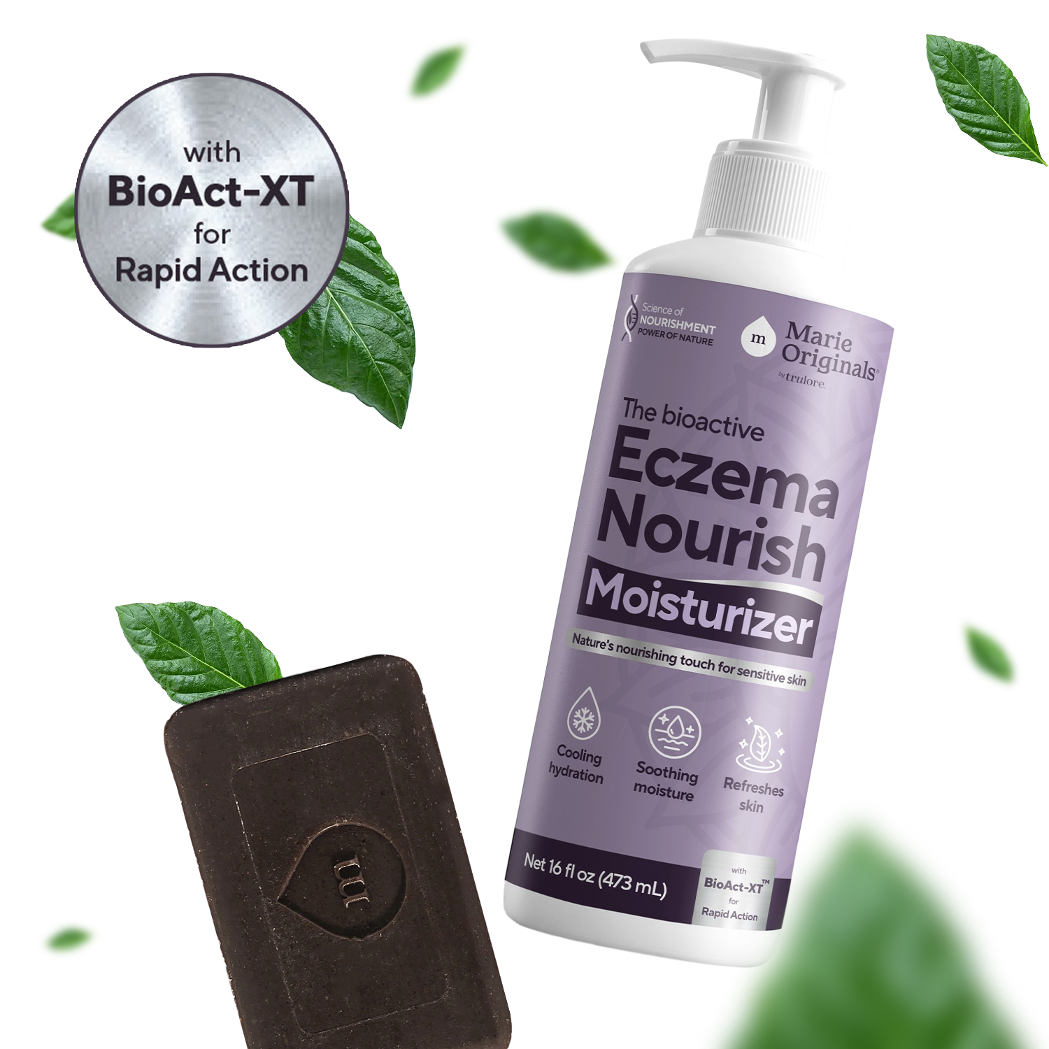 A bottle of Marie Originals Eczema Nourish Moisturizer and a dark bar of soap with green leaves.