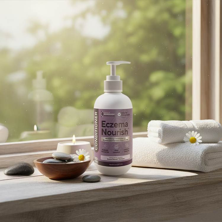 A bottle of Eczema Nourish conditioner sits on a spa-like windowsill with towels, stones, and a candle.