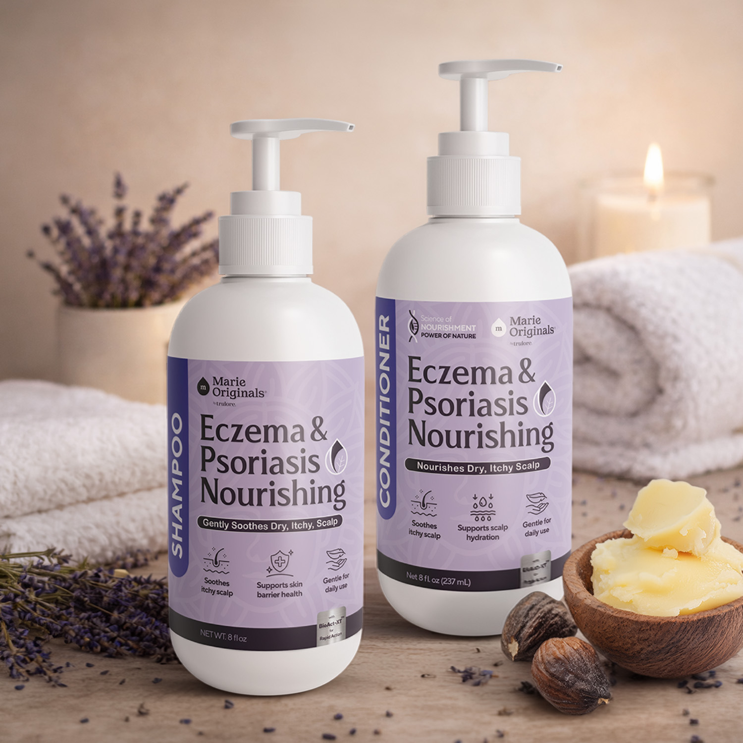 Marie Originals Eczema & Psoriasis shampoo and conditioner bottles surrounded by lavender, shea butter, and figs.