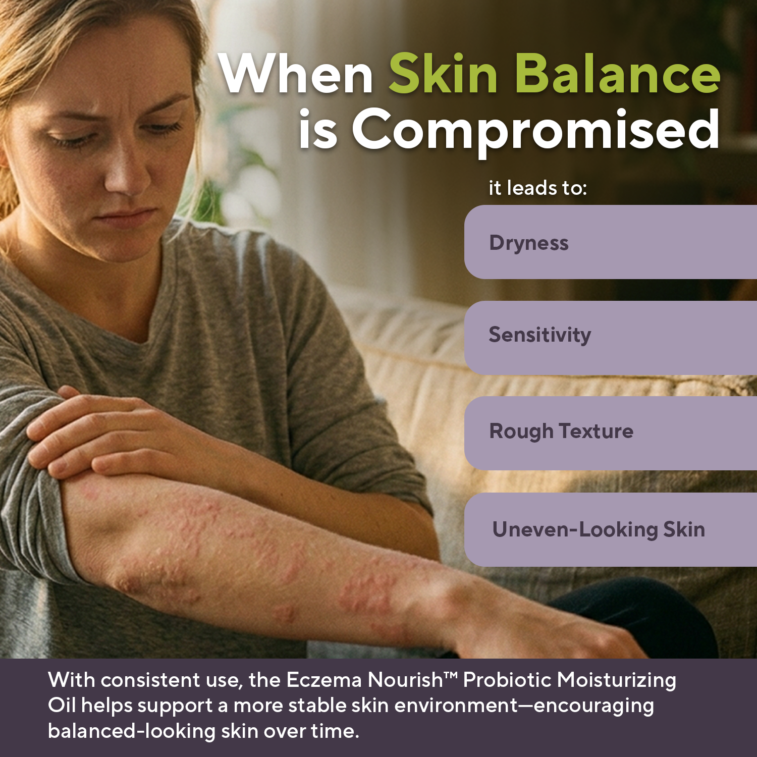 A woman with a concerned expression looks at an eczema rash on her forearm.