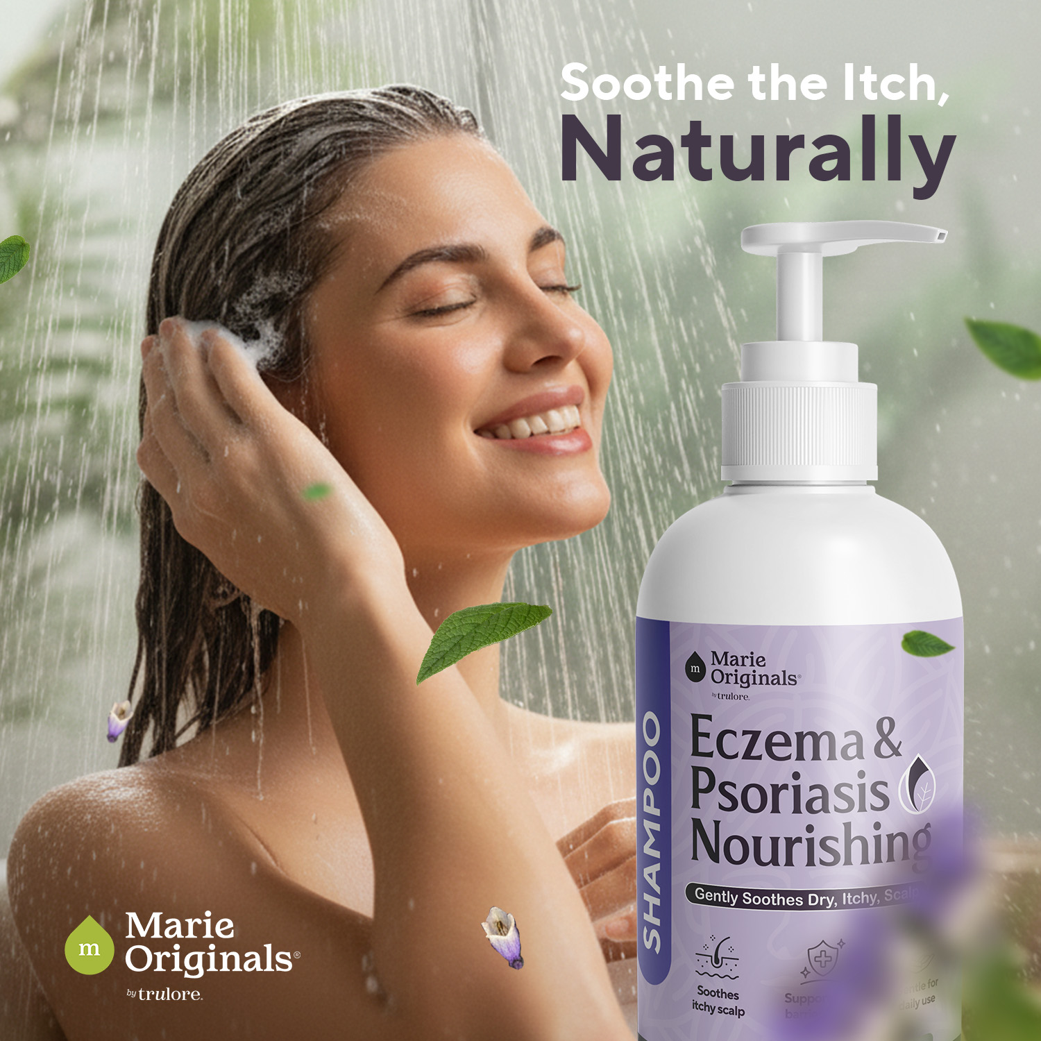 A woman smiles while washing her hair in the shower, next to a bottle of Marie Originals shampoo.