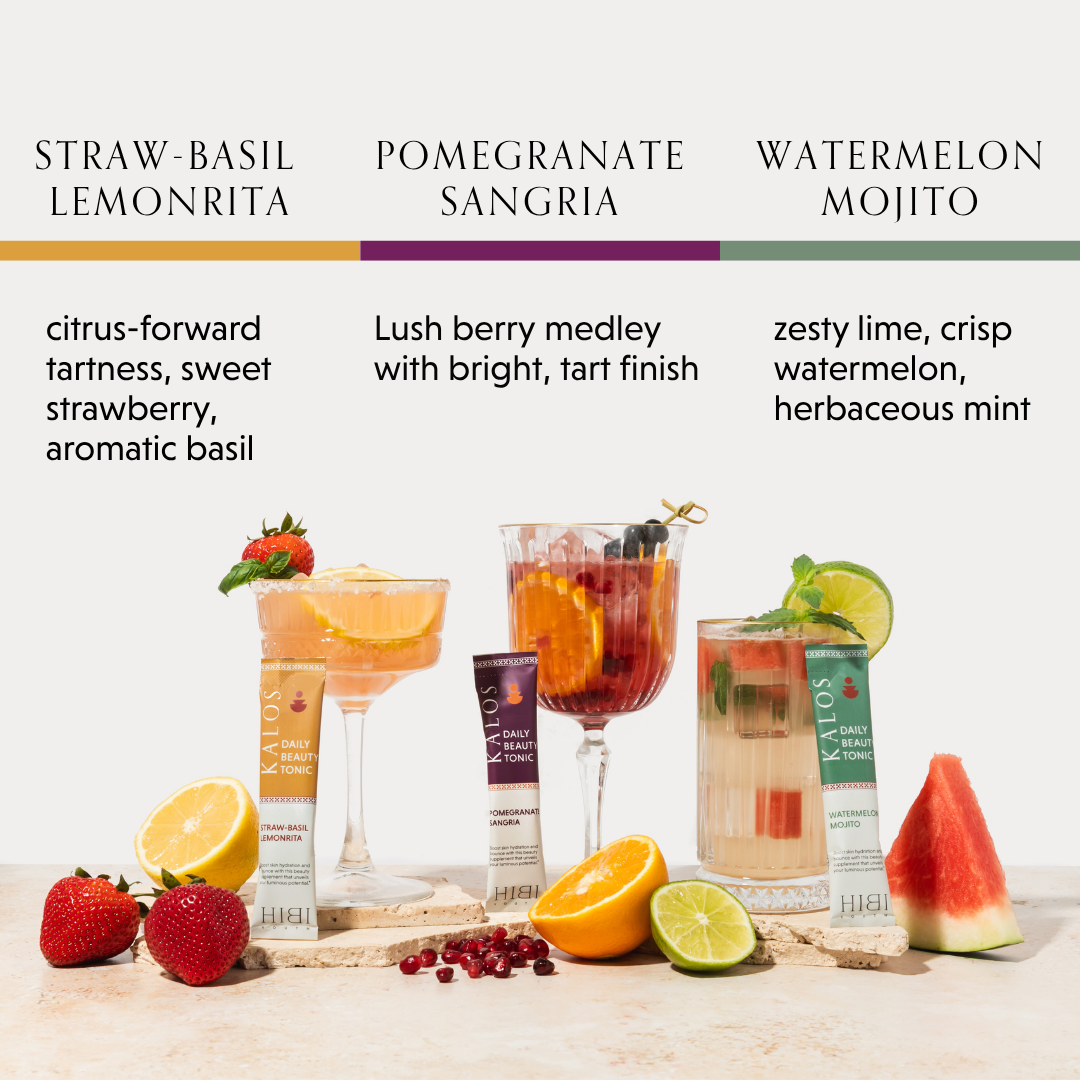 Three cocktails with fruit garnishes and flavor descriptions: Straw-Basil Lemonrita, Pomegranate Sangria, Watermelon Mojito.