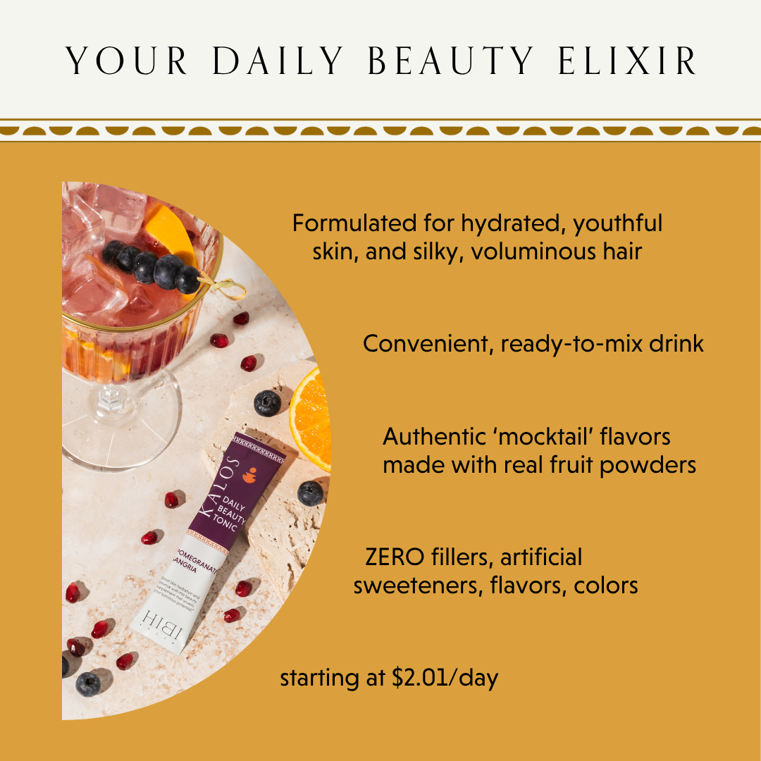 Promotional image for a beauty elixir drink with fruit and product details.