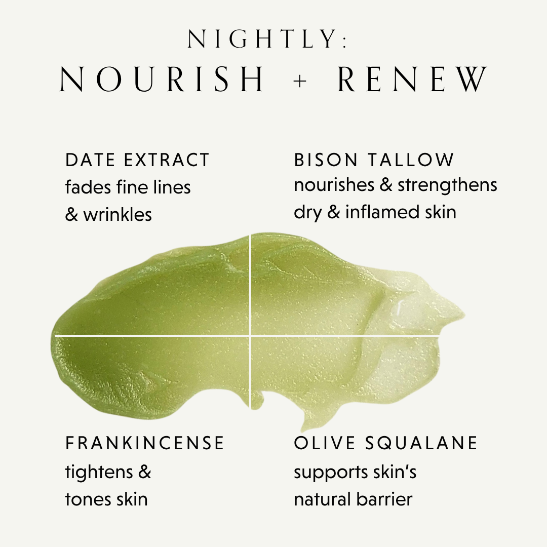 Green cream with text about skincare ingredients and benefits.