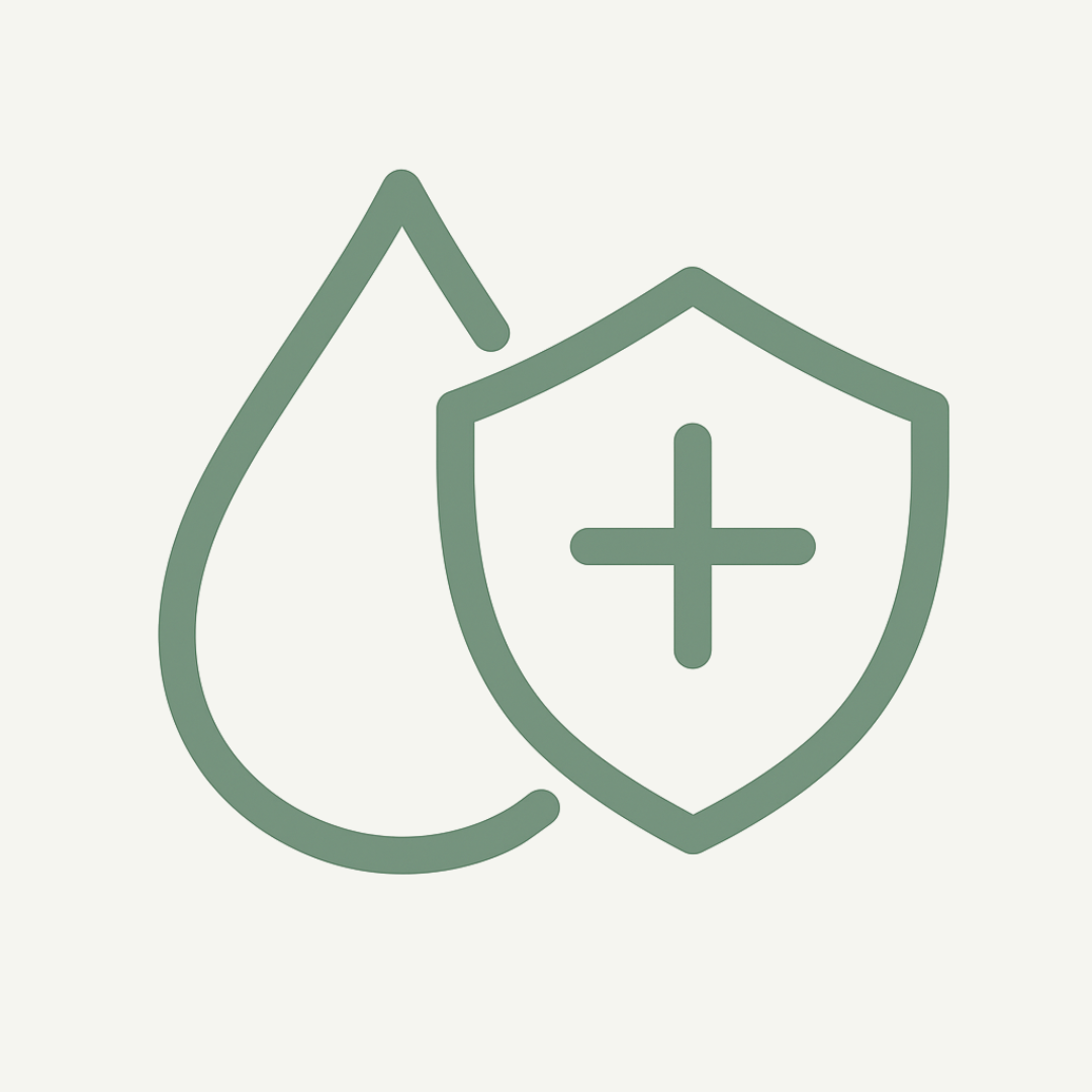 Green droplet and shield with a plus sign icon.