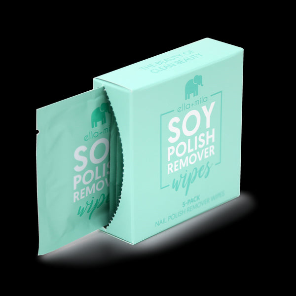 Box of soy polish remover wipes with one packet partially visible.