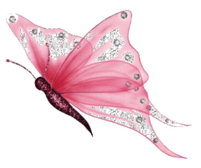 Illustration of a pink butterfly with glittery wings and decorative patterns.