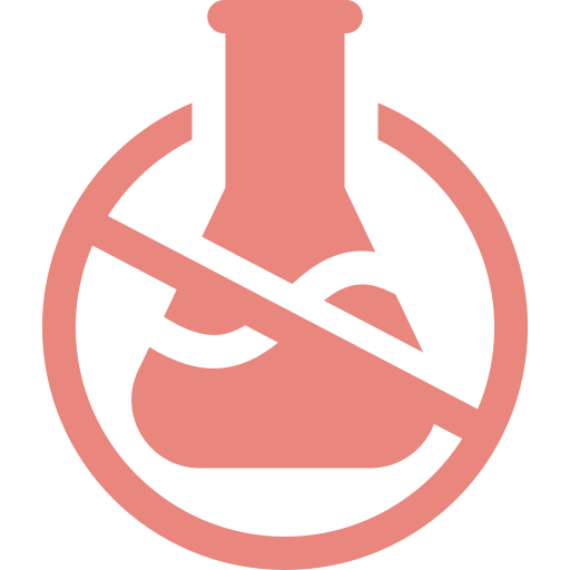 Red circle with a diagonal line over a laboratory flask.