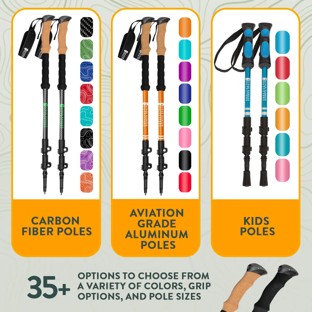 An infographic displaying three types of trekking poles—carbon fiber, aluminum, and kids'—with available color options.