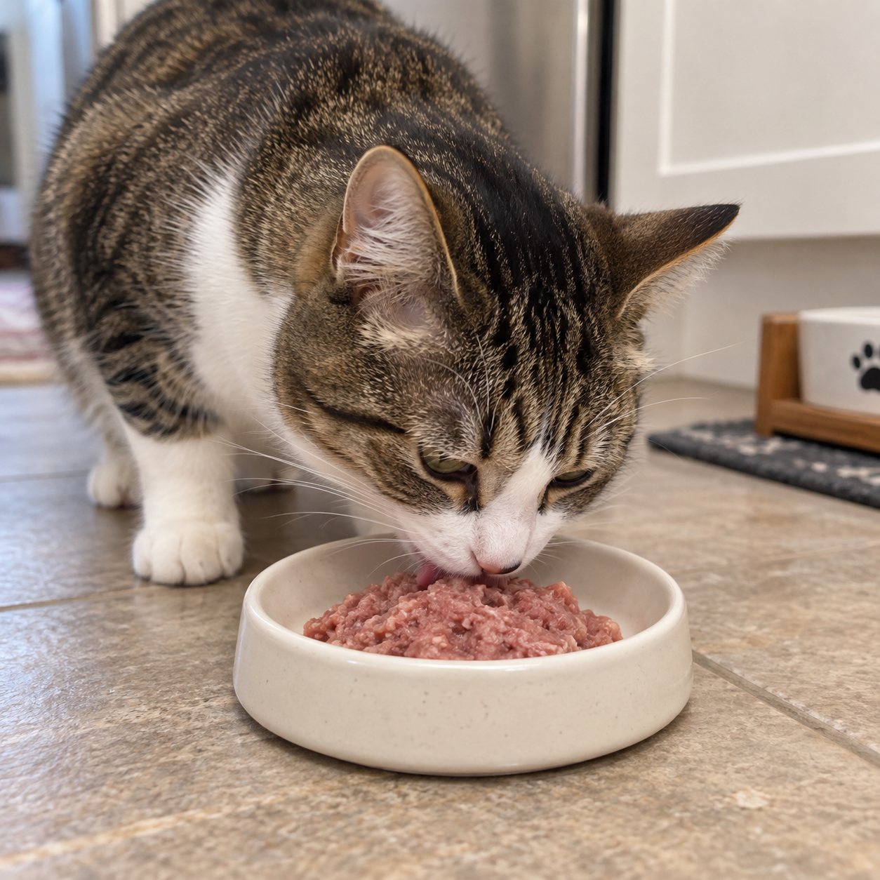 A tabby and white cat eating pink food from a shallow white bowl on a tiled floor.