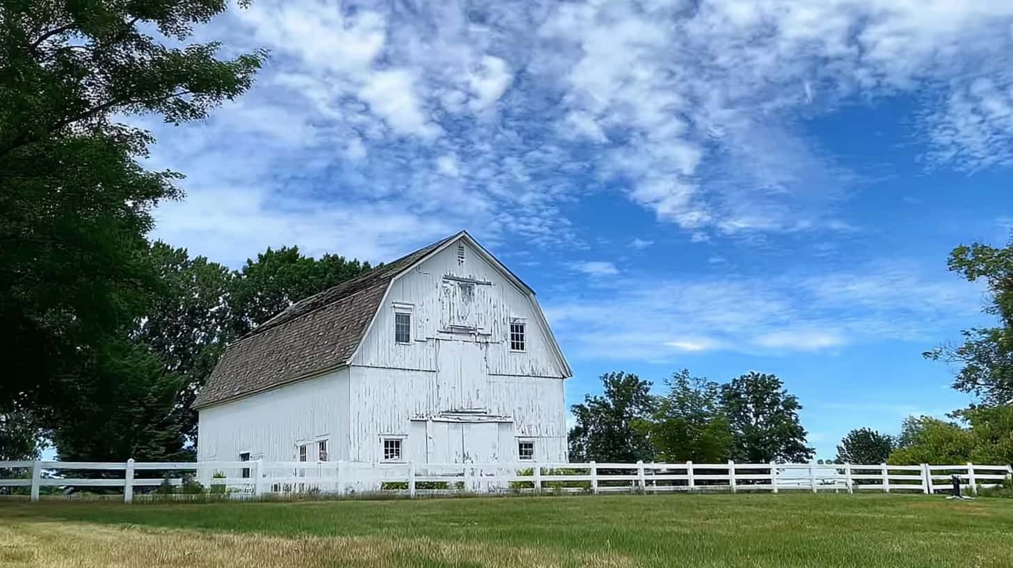 Farm with white barn.