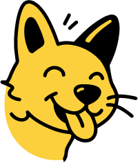 A simple yellow cartoon drawing of a happy dog's head with its tongue sticking out.