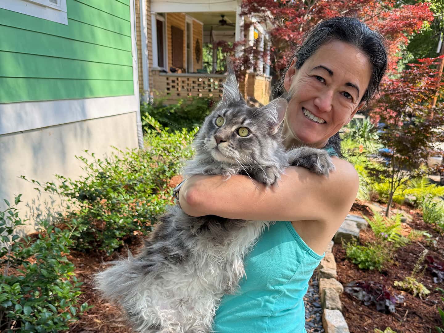 Woman holding Maine Coon cat outside