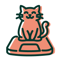A stylized icon of a smiling cat sitting on an automatic pet feeder.