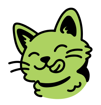 A light green illustration of a happy cat's head with its tongue out.