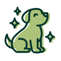 A stylized green icon of a happy dog sitting down, surrounded by sparkles.