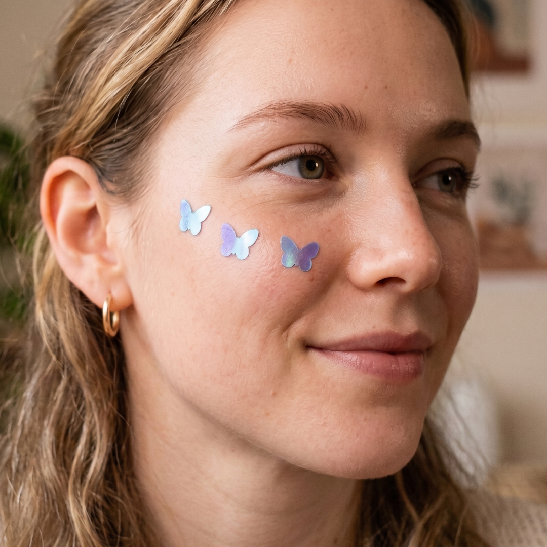 A close-up of a smiling woman with three small, iridescent butterfly stickers on her cheek.